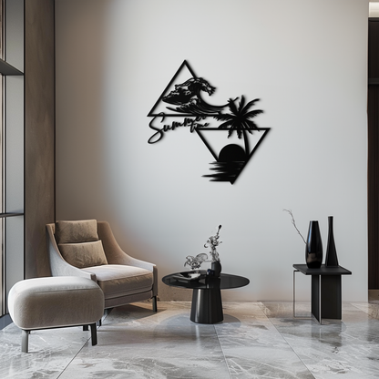 Summer Time Beach Scene Metal Wall Art – Tropical Ocean Waves and Palm Tree Black Steel Decor for Coastal Interiors- KAF461 - Tampa Home & Garden Store