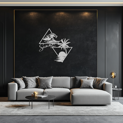 Summer Time Beach Scene Metal Wall Art – Tropical Ocean Waves and Palm Tree Black Steel Decor for Coastal Interiors- KAF461 - Tampa Home & Garden Store
