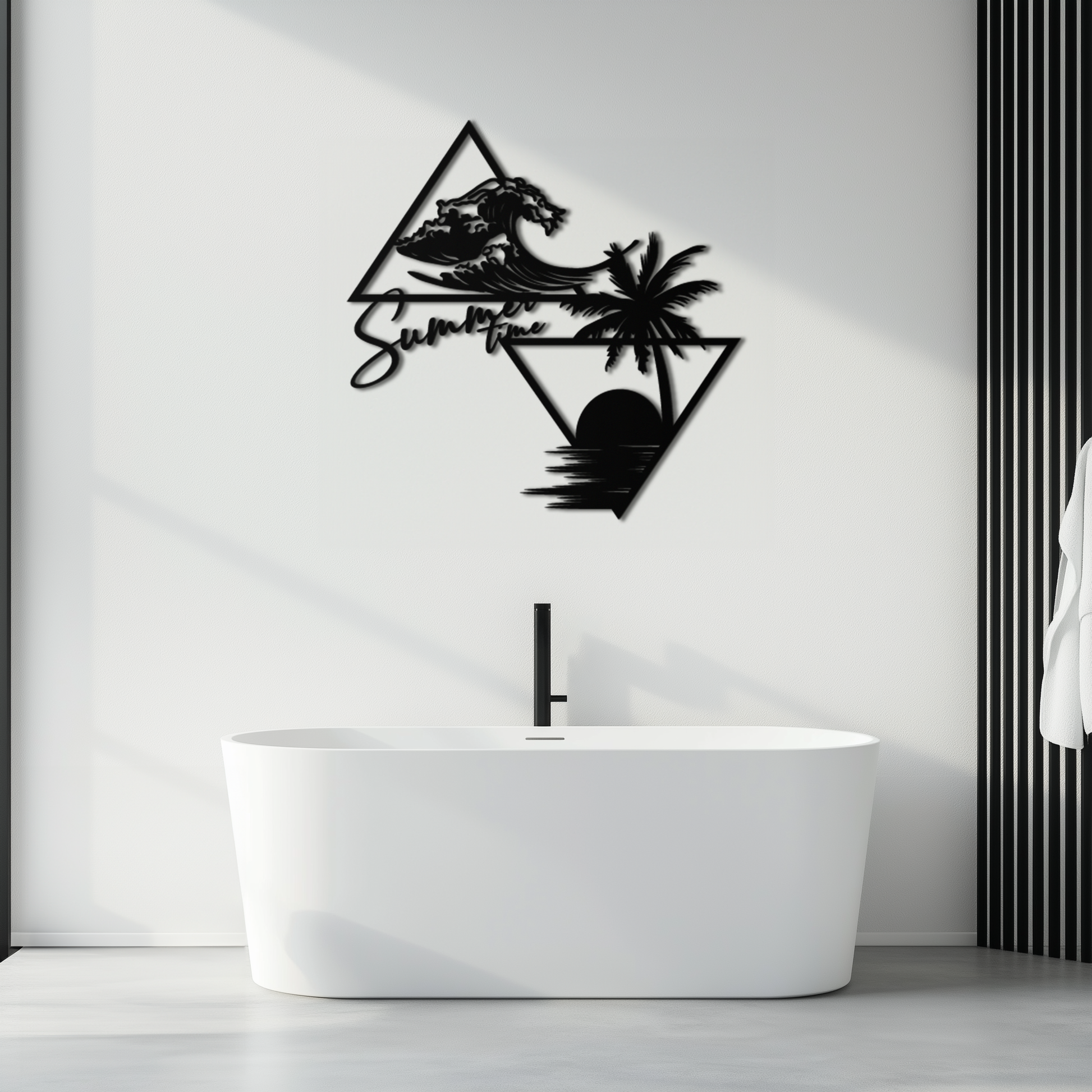 Summer Time Beach Scene Metal Wall Art – Tropical Ocean Waves and Palm Tree Black Steel Decor for Coastal Interiors- KAF461 - Tampa Home & Garden Store