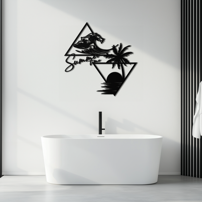 Summer Time Beach Scene Metal Wall Art – Tropical Ocean Waves and Palm Tree Black Steel Decor for Coastal Interiors- KAF461 - Tampa Home & Garden Store