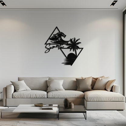 Summer Time Beach Scene Metal Wall Art – Tropical Ocean Waves and Palm Tree Black Steel Decor for Coastal Interiors- KAF461 - Tampa Home & Garden Store