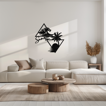 Summer Time Beach Scene Metal Wall Art – Tropical Ocean Waves and Palm Tree Black Steel Decor for Coastal Interiors- KAF461 - Tampa Home & Garden Store