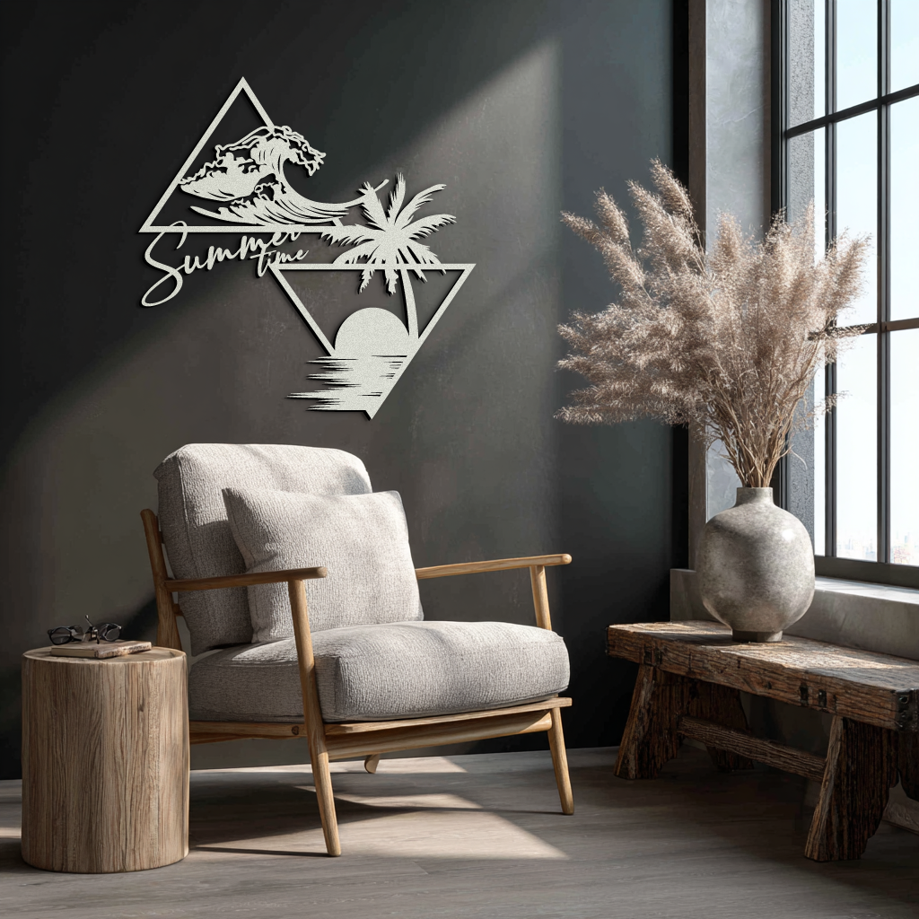 Summer Time Beach Scene Metal Wall Art – Tropical Ocean Waves and Palm Tree Black Steel Decor for Coastal Interiors- KAF461 - Tampa Home & Garden Store