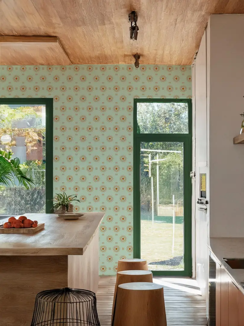 Sun Rays Wallpaper, mint and orange - Tampa Home & Garden Store