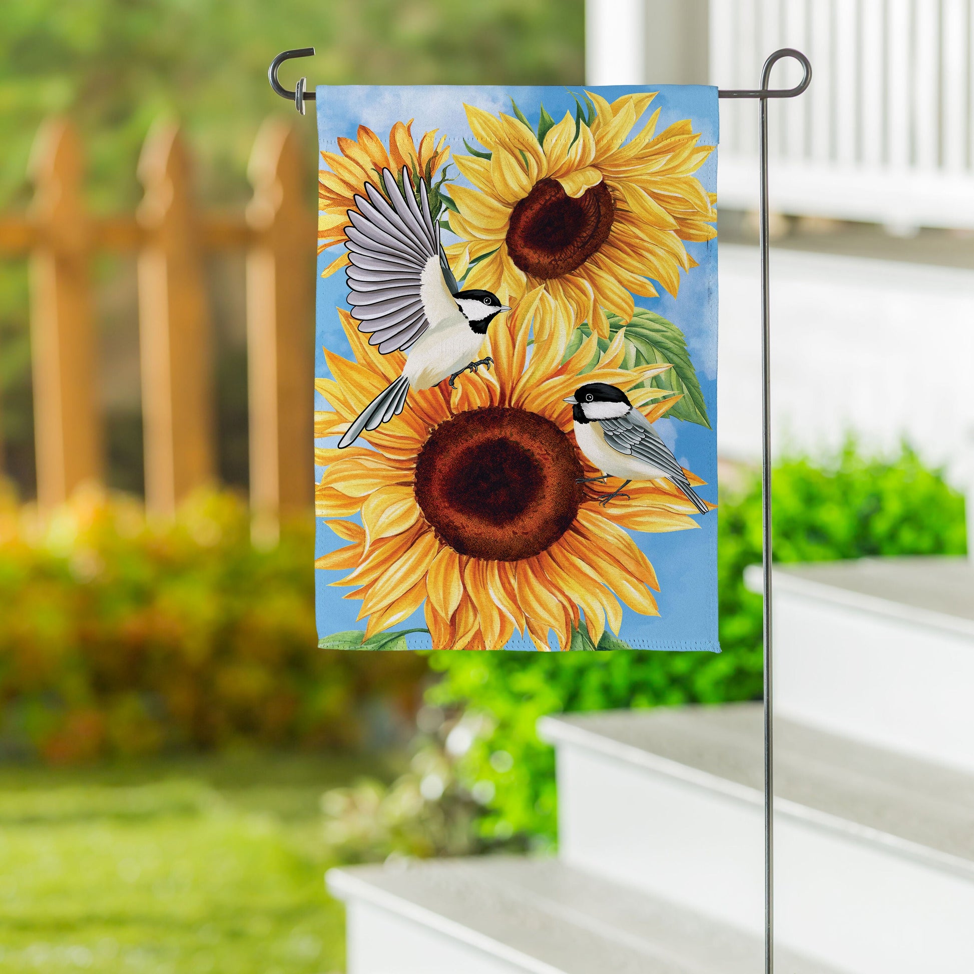 Sunflower Chickadees Suede Garden Flag - Tampa Home & Garden Store