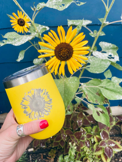 Sunflower - Wine Tumbler Glass with Sliding Lid - Stainless Steel Insulated Mug - Flower Décor Gifts - Tampa soil911.com