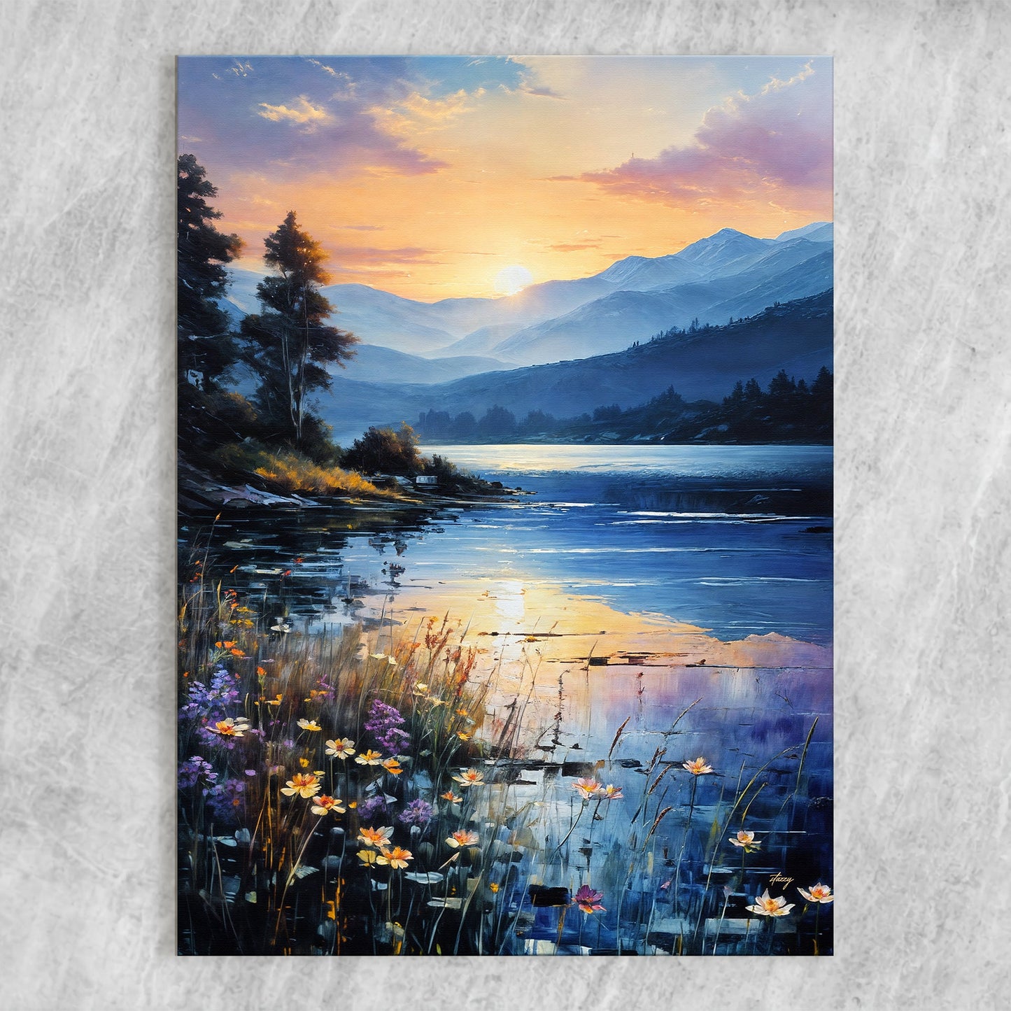 Canvas print Sunset Journey; sunset over blue mountains with wildflowers on Tampa Home & Garden Store