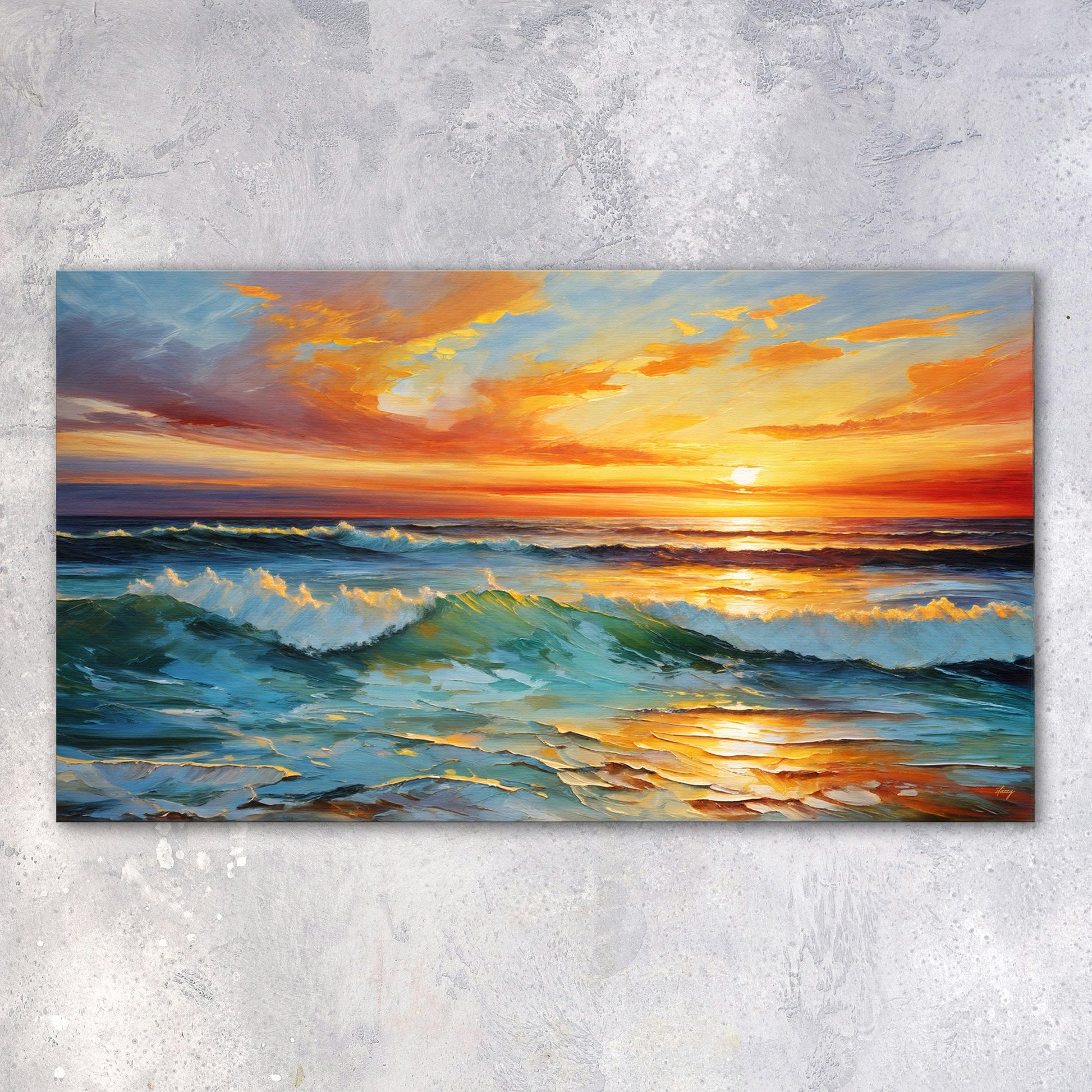 Canvas Print Sunset Surge seascape with orange sunset over blue ocean waves on Tampa Home & Garden Store