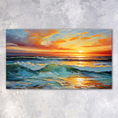 Canvas Print Sunset Surge seascape with orange sunset over blue ocean waves on Tampa Home & Garden Store