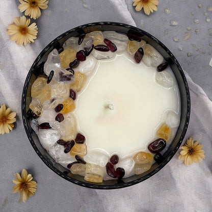 Sunshower Mist Crystal Candle with Garnet, Quartz Crystal, and Citrine | Coconut-Soy Wax Candle, 9oz - Tampa Home & Garden Store