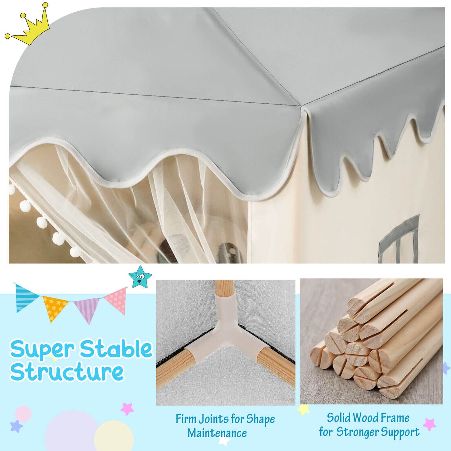 Kids Large Play Castle Fairy Tent with Mat by GemGear, gray canopy with scalloped edge trim on Tampa Home & Garden Store
