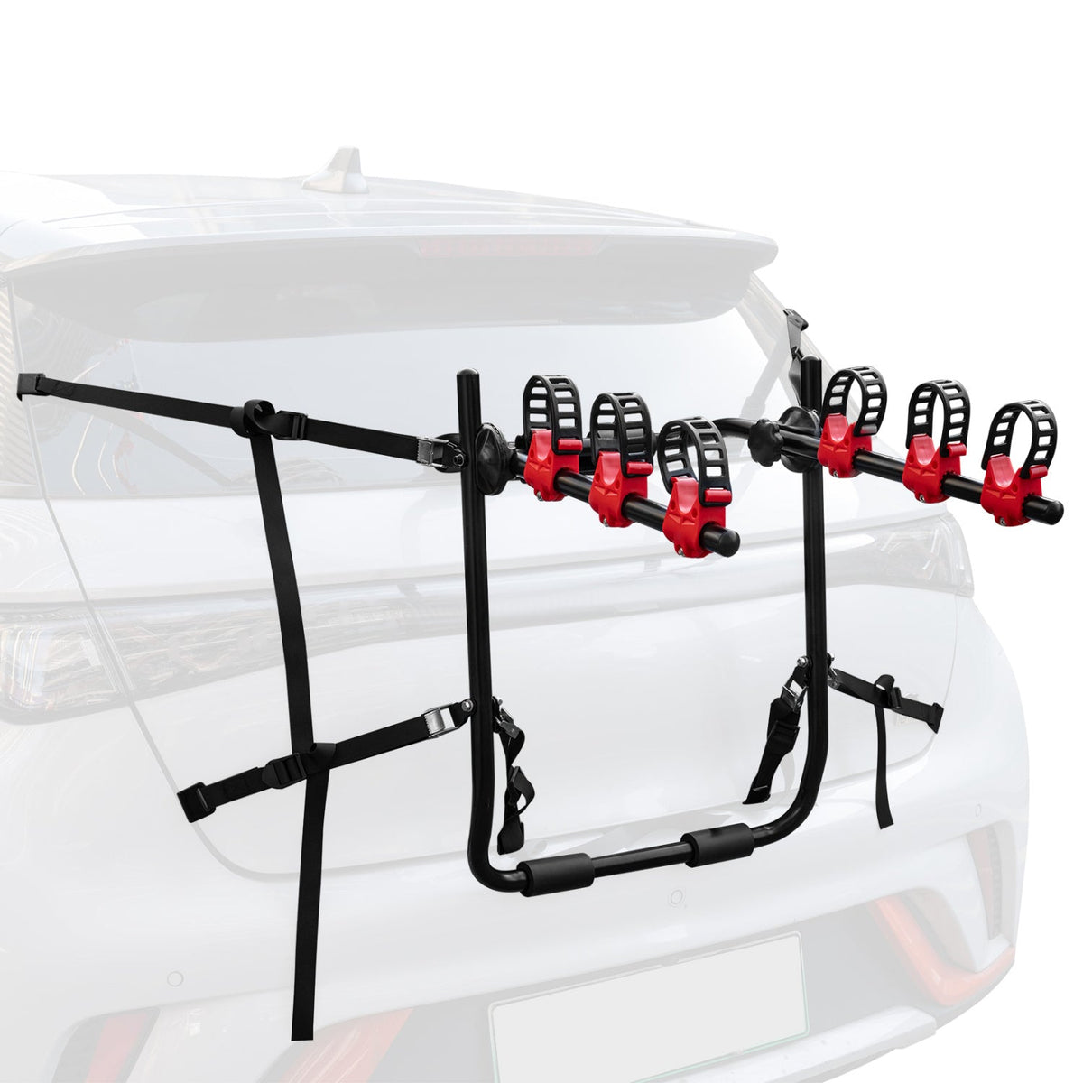 DirectDeals trunk-mount three-bike rack with anti-sway straps, black frame and clamp arms on SUV on Tampa Home & Garden Store