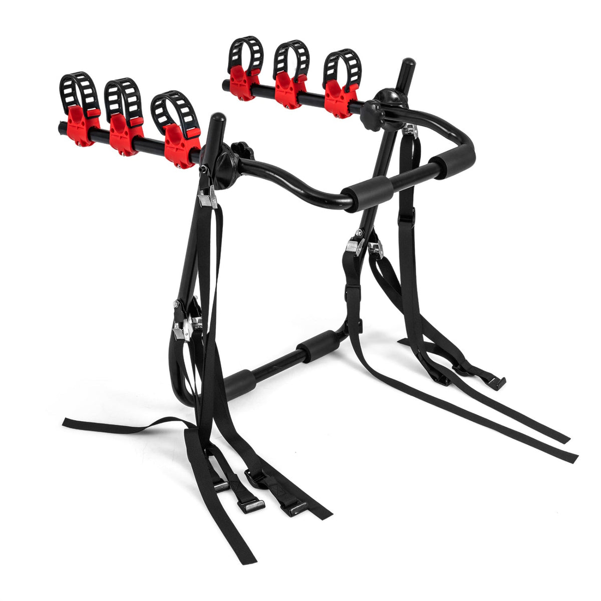 Trunk-mount 3-bike rack with red clamp cradles and anti-sway straps DirectDeals on Tampa Home & Garden Store