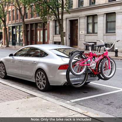 Trunk-mount 3-bike rack with anti-sway straps DirectDeals carrying pink bikes on Tampa Home & Garden Store