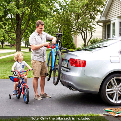 Trunk-mount 3-bike rack with anti-sway straps by DirectDeals on SUV, man loads blue bike on Tampa Home & Garden Store