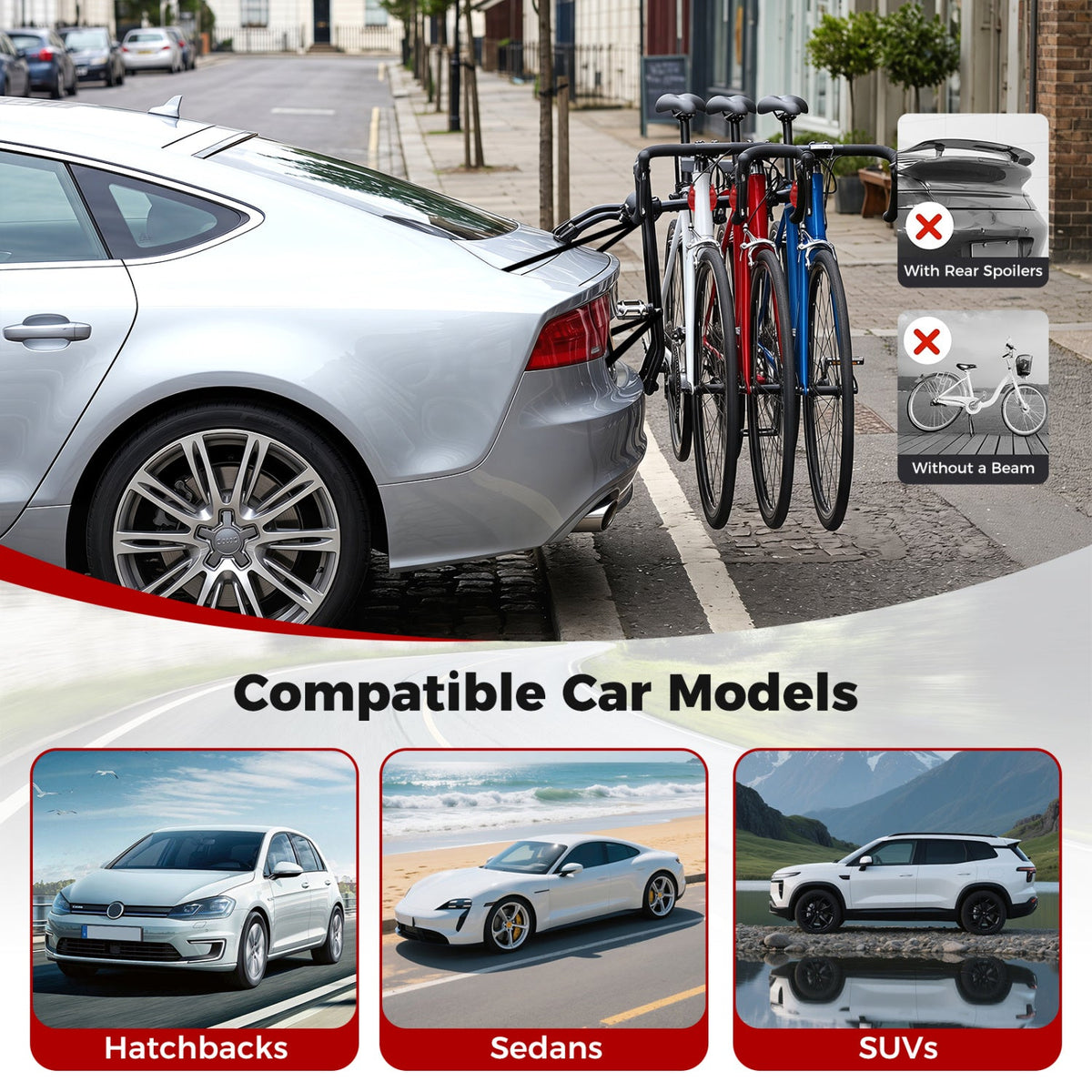 Trunk-mount 3-bike rack for SUV by DirectDeals carrying three bikes on a black rack on Tampa Home & Garden Store