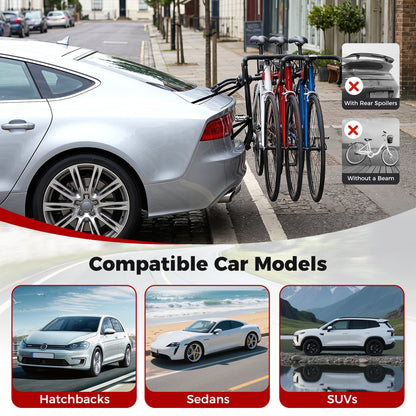 Trunk-mount 3-bike rack for SUV by DirectDeals carrying three bikes on a black rack on Tampa Home & Garden Store