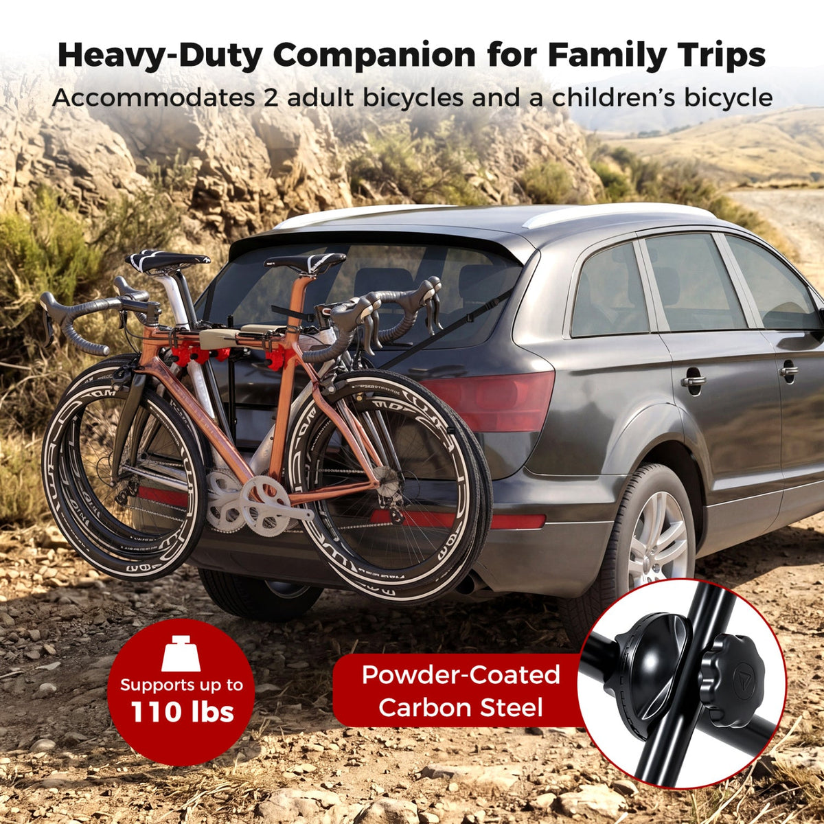 Trunk-mount 3-bike rack for SUV with anti-sway straps carries 2 adults and a child bike on Tampa Home & Garden Store