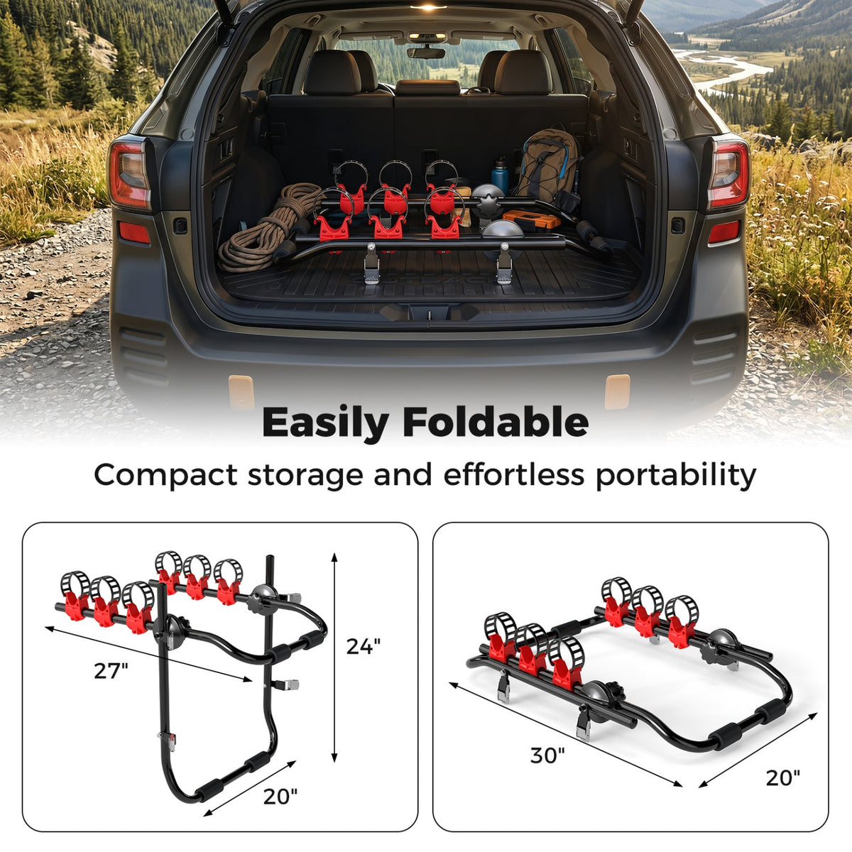 Trunk-mount 3-bike rack in black with red clamps and anti-sway straps for SUV by DirectDeals on Tampa Home & Garden Store