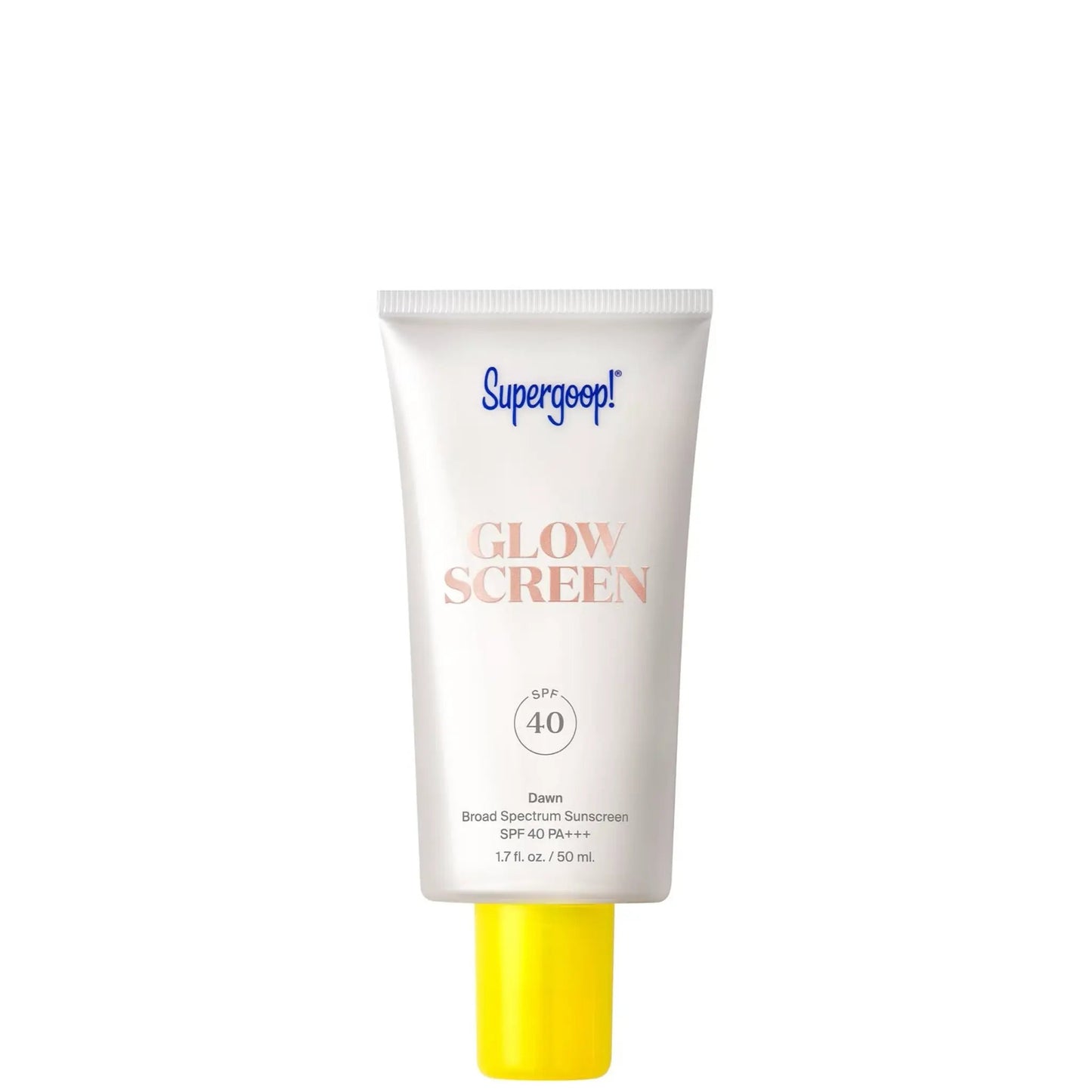 White Supergoop! Glowscreen SPF 40 sunscreen tube with blue logo and pink glow lettering on Tampa Home & Garden Store