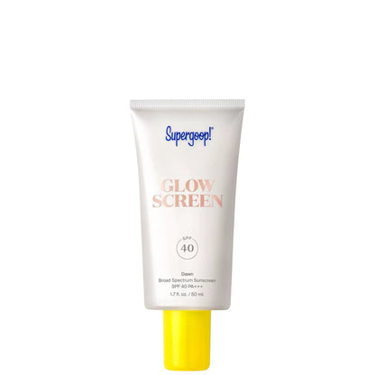 White Supergoop! Glowscreen SPF 40 sunscreen tube with blue logo and pink glow lettering on Tampa Home & Garden Store
