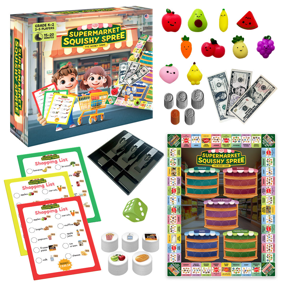 Supermarket Squishy Spree by The Fidget Games toy set with play money and squishy fruit on Tampa Home & Garden Store