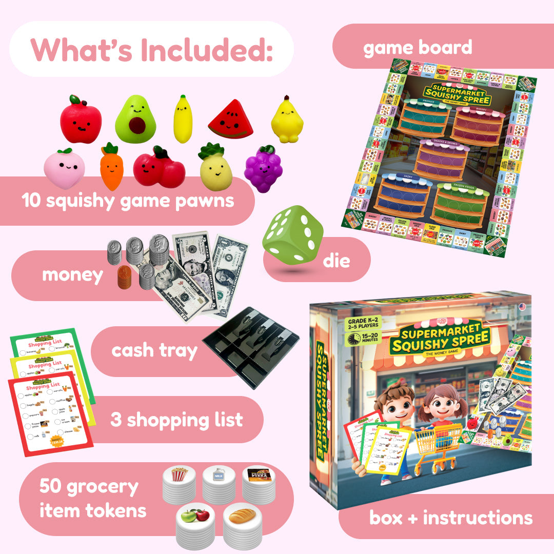 Supermarket Squishy Spree play set by The Fidget Games with 10 squishy pawns, die, cash tray on Tampa Home & Garden Store