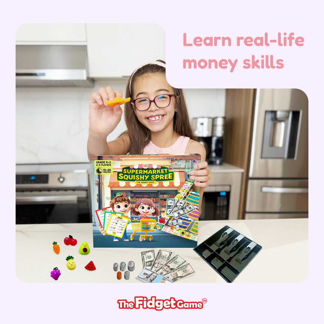 Supermarket Squishy Spree educational toy set with play money and coins by The Fidget Games on Tampa Home & Garden Store
