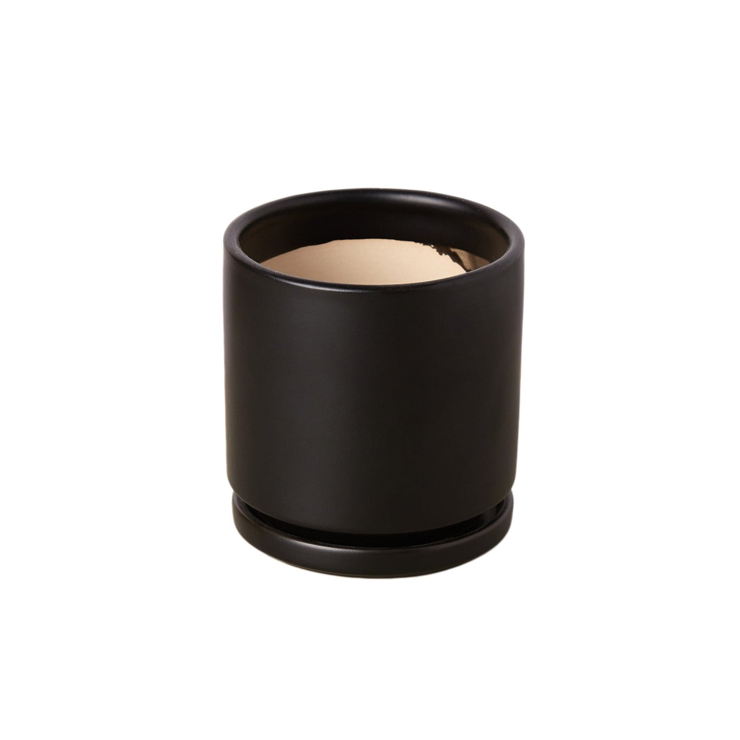 Cylinder pot, black with beige interior, 4–6 inch plant pot with matching saucer on Tampa Home & Garden Store