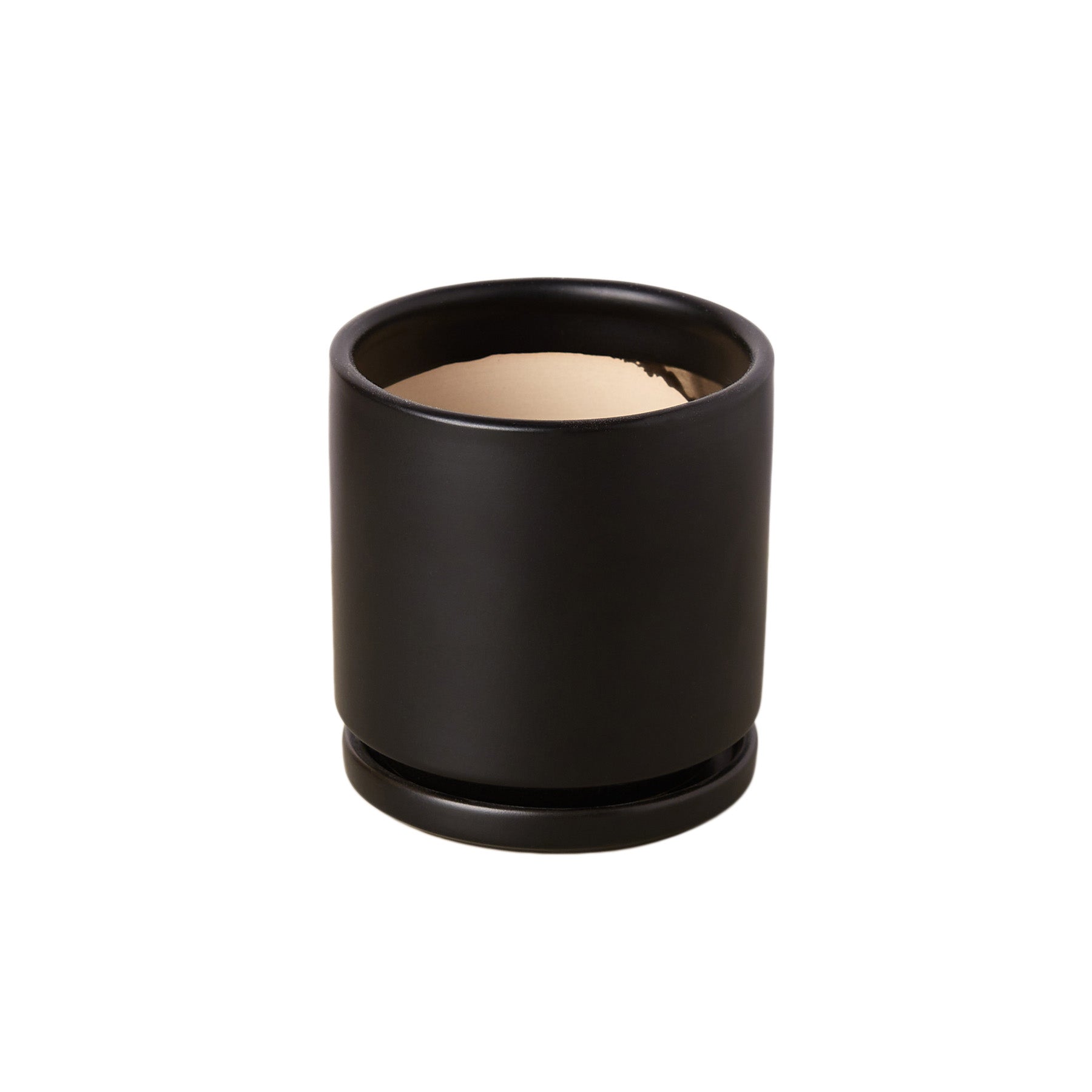 Cylinder pot, black with beige interior, 4–6 inch plant pot with matching saucer on Tampa Home & Garden Store