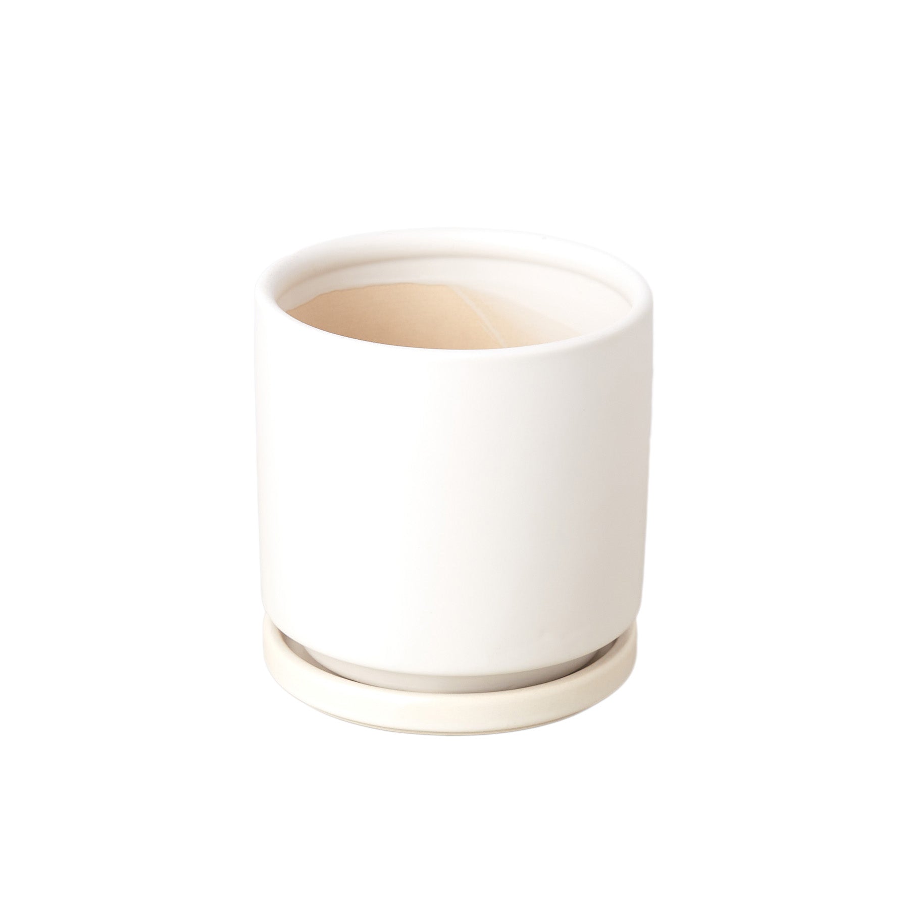 Cylinder plant pot with saucer, white ceramic finish and tan interior on Tampa Home & Garden Store