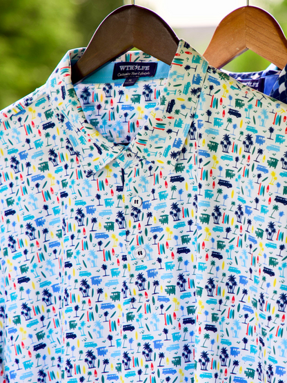 Surfs Up Performance Polo white tropical palm print polo shirt by White Water Life on Tampa Home & Garden Store