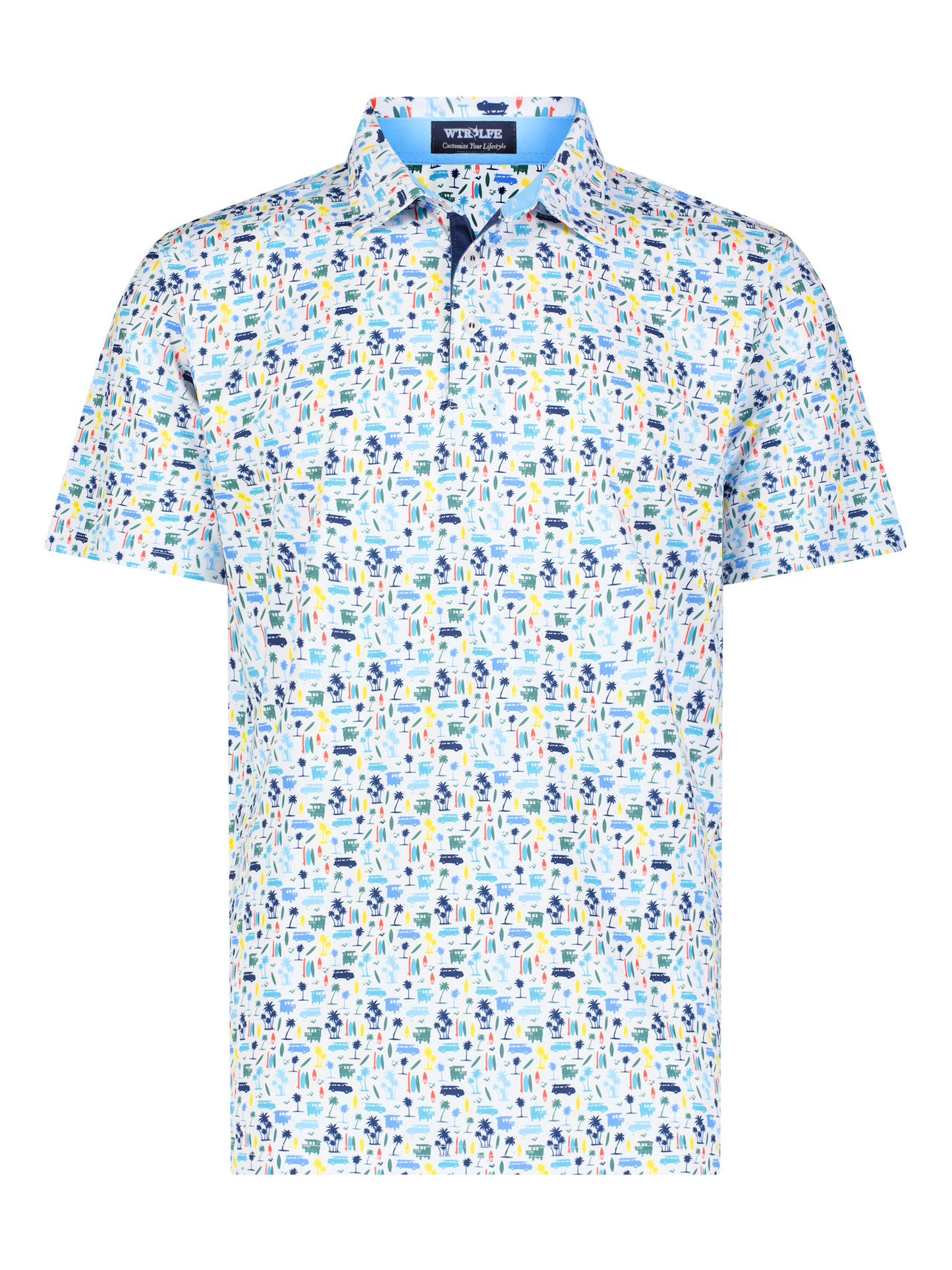 Surfs Up Performance Polo by White Water Life, light blue polo with tropical palm print on Tampa Home & Garden Store