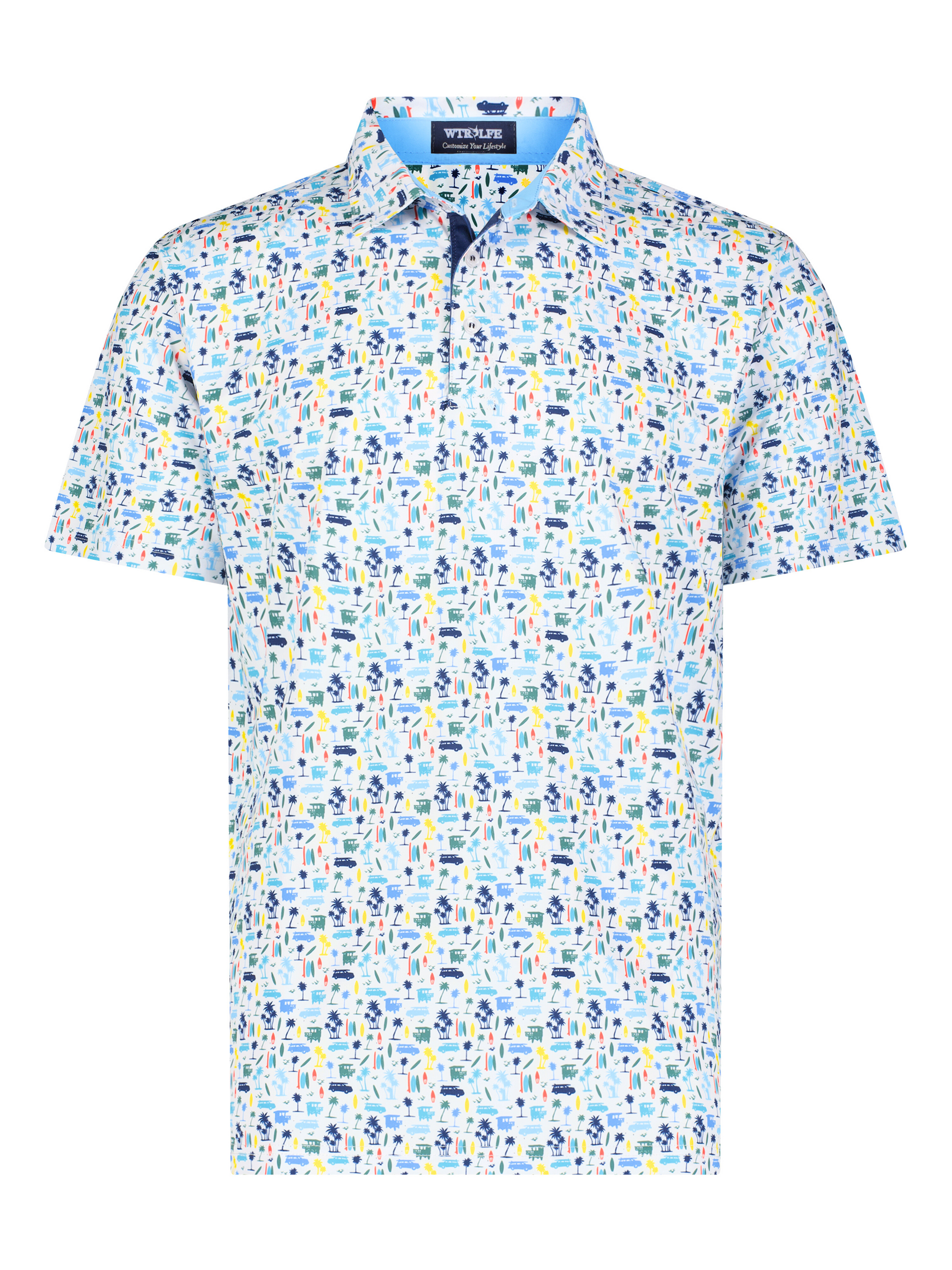 Surfs Up Performance Polo by White Water Life, light blue polo with tropical palm print on Tampa Home & Garden Store