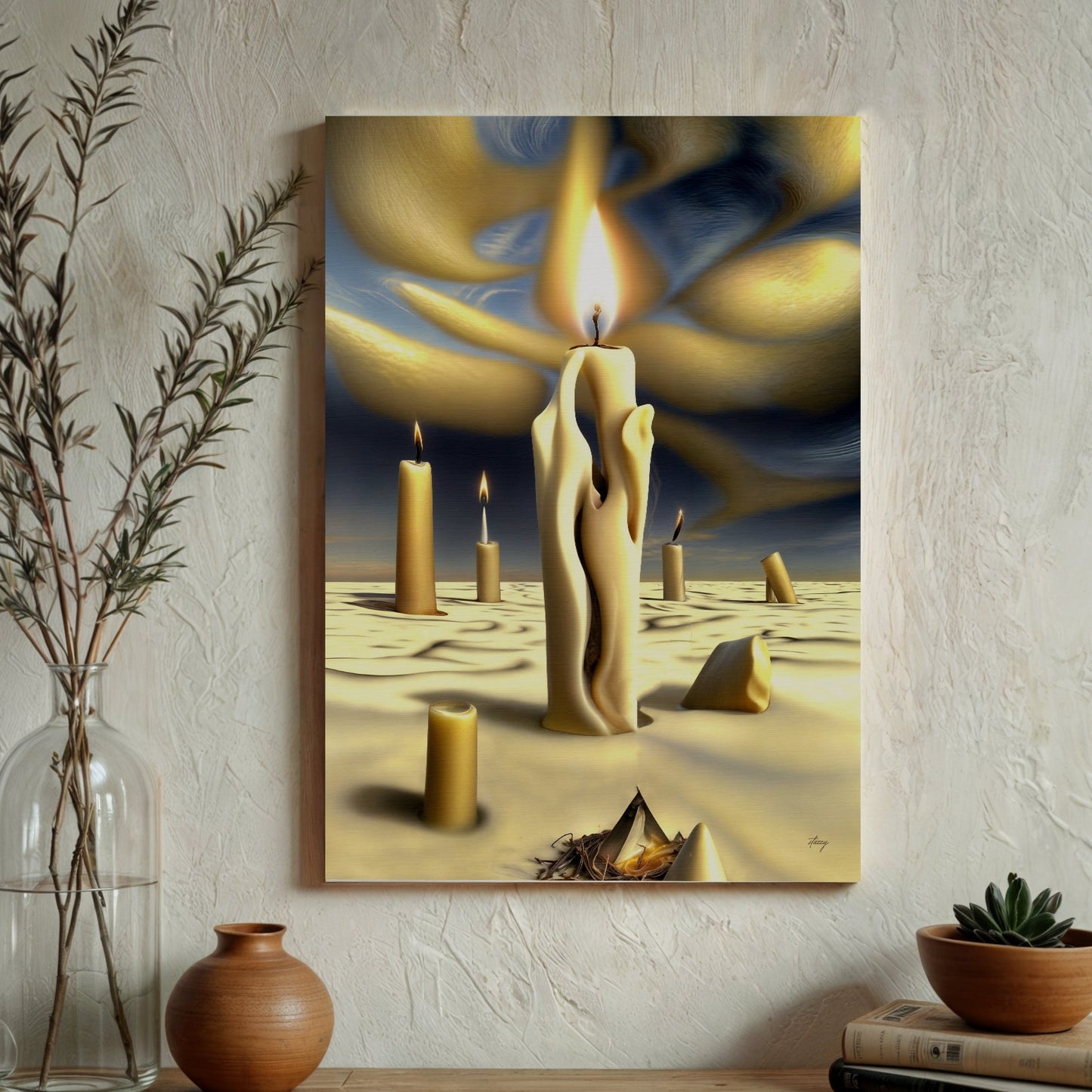 Canvas Print: Surreal Flames with golden candles against a sandy desert and blue-gold swirl on Tampa Home & Garden Store