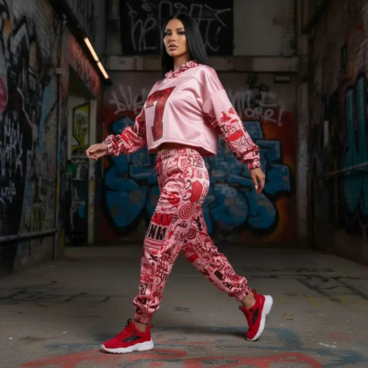 Women's pink graffiti fleece hoodie jacket with matching joggers, two-piece activewear set by FLIPSTYLEZLLC on Tampa Home & Garden Store