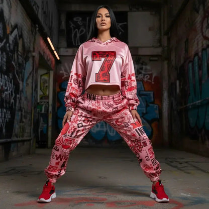 Pink graffiti fleece hoodie jacket and joggers set, cropped long sleeve women's activewear on Tampa Home & Garden Store