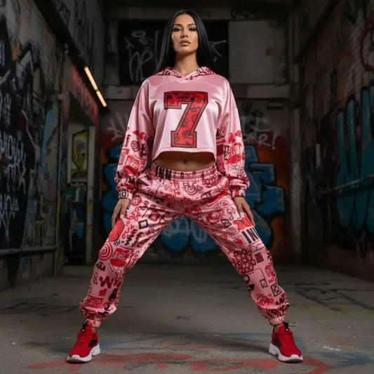 Pink graffiti fleece hoodie jacket and joggers set, cropped long sleeve women's activewear on Tampa Home & Garden Store