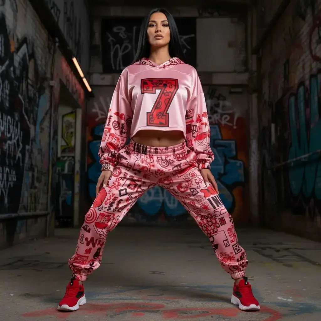 Women's sweatpants in pink graffiti-scribble print with elastic cuffs and quick-dry fabric on Tampa Home & Garden Store