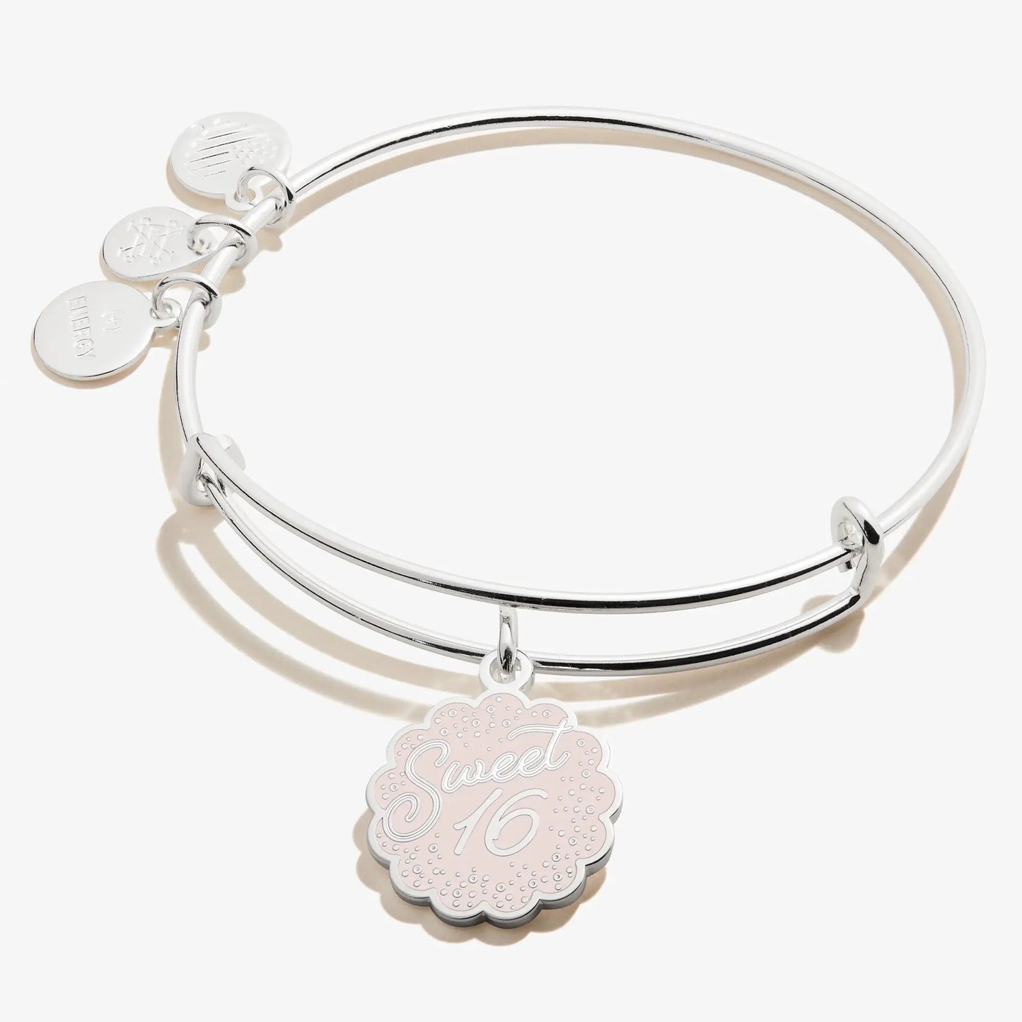 Sweet 16 Charm Bangle silver bracelet with disc charms Alex and Ani and pink Sweet 16 charm on Tampa Home & Garden Store