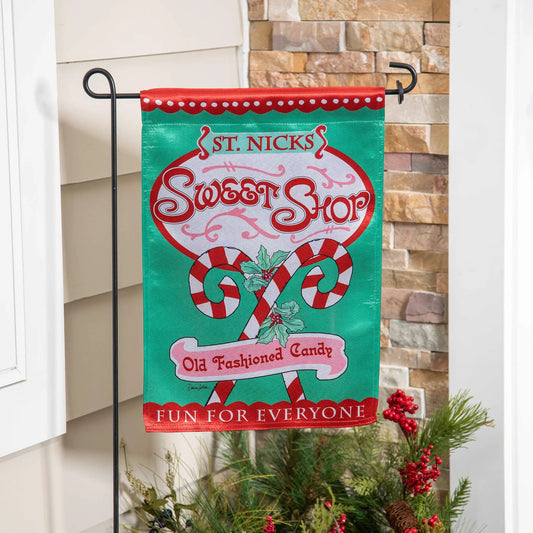 Sweet Shop Christmas Lustre Garden Flag by Evergreen Enterprises with red and green candy motif on Tampa Home & Garden Store