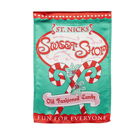 Sweet Shop Christmas Lustre Garden Flag Evergreen Enterprises; candy cane motif on Tampa Home & Garden Store