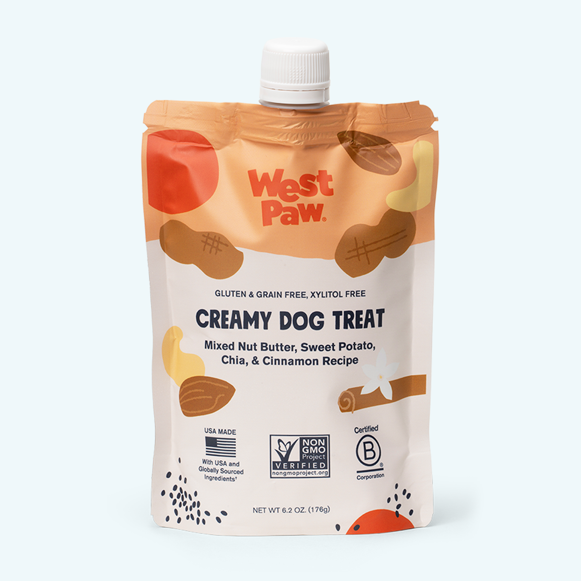 Nut butter dog treat pouch by West Paw, creamy formula with sweet potato and chia seeds on Tampa Home & Garden Store