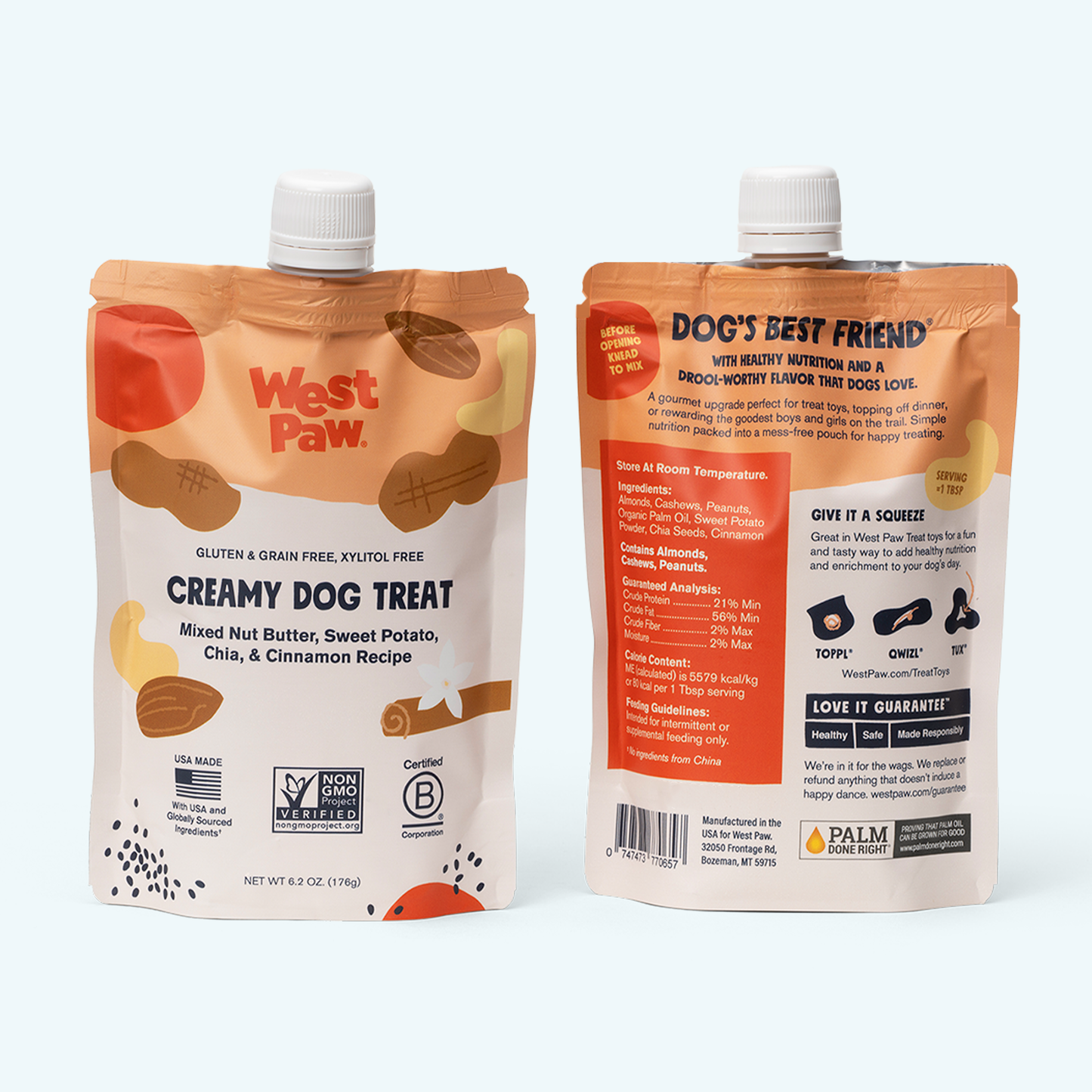 Nut Butter Sweet Potato Chia Seed dog treats in West Paw peach-orange pouches, two packs on Tampa Home & Garden Store