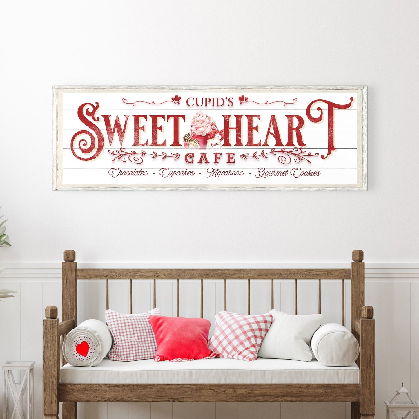 Sweetheart Cafe Sign canvas with red lettering and Cupid accents by Tailored Canvases on Tampa Home & Garden Store