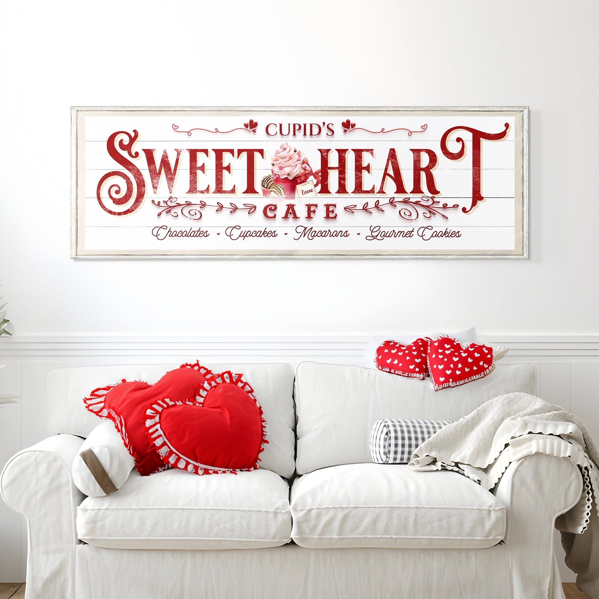 Sweetheart Cafe Sign canvas by Tailored Canvases with red lettering and cupcake image on Tampa Home & Garden Store