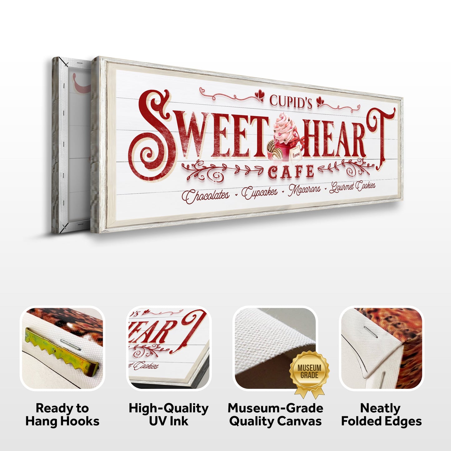 Sweetheart Cafe Sign canvas by Tailored Canvases, whitewashed wood panel, red vintage lettering on Tampa Home & Garden Store