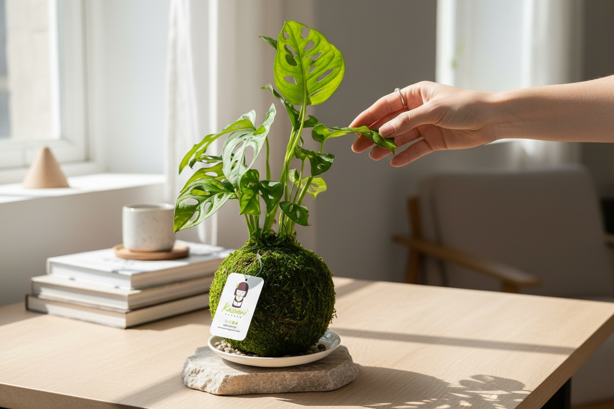 Monstera Swiss Cheese Kokedama moss ball, green leaves, Kazumi Garden, potted houseplant on Tampa Home & Garden Store
