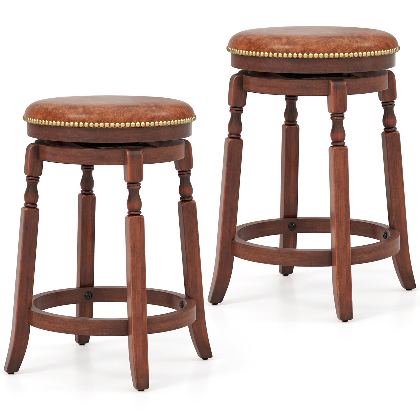 Juego de 2 taburetes de bar giratorios de 24 pulgadas con asiento tapizado y estructura de madera de caucho - 24 pulgadas