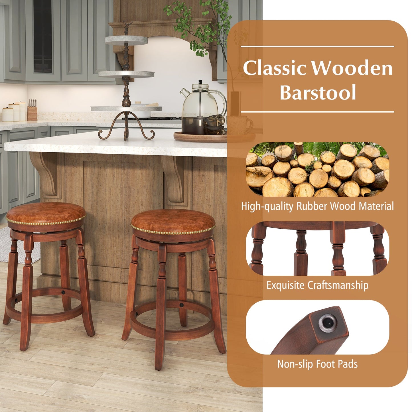 Juego de 2 taburetes de bar giratorios de 24 pulgadas con asiento tapizado y estructura de madera de caucho - 24 pulgadas